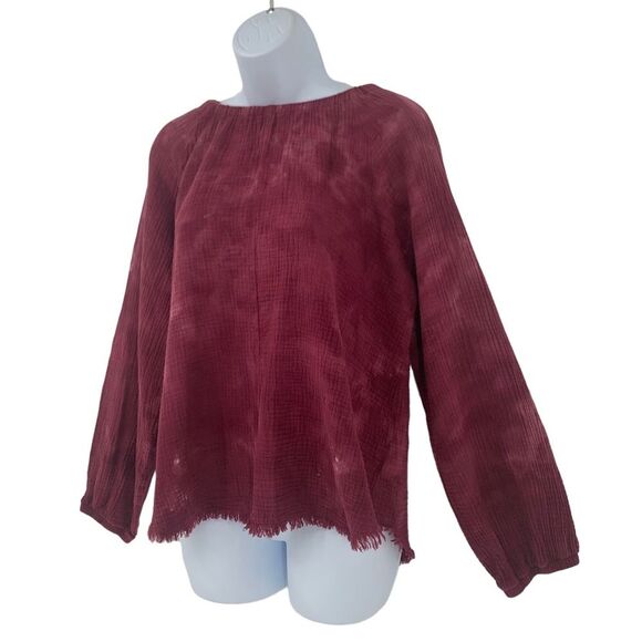 Anthropologie Cloth & Stone Burgundy Tie Dye Muslin Top with Raw Fringe Hem - Picture 3 of 11